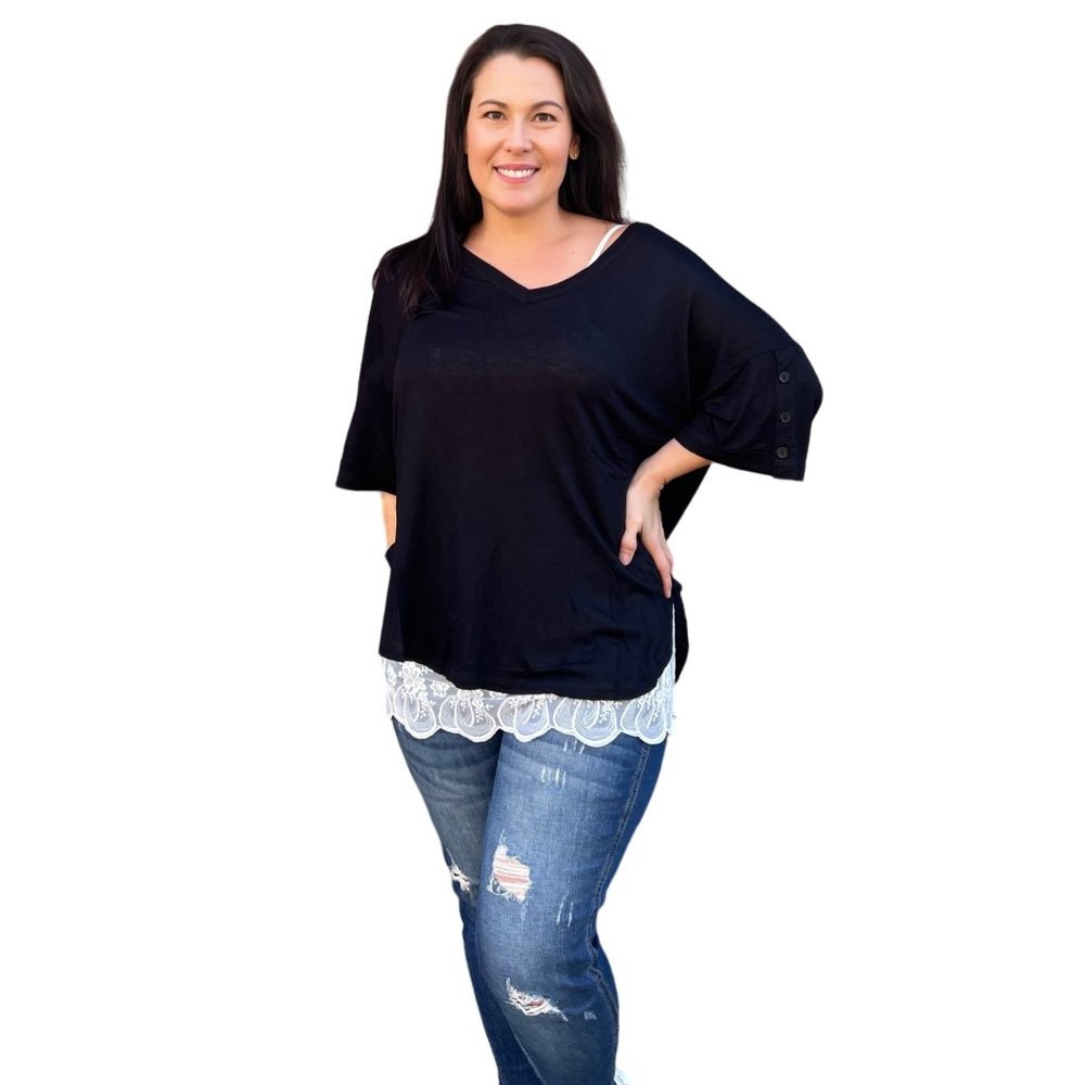 Culture Code Black Exposed Seam Button Detail Sleeve Top CAY1645